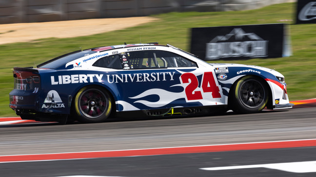 William Byron (24) steers through Turn 15 during a NASCAR Cup Series auto race at Circuit of the Americas, Sunday, March 26, 2023, in Austin, Texas. (AP Photo/Stephen Spillman)