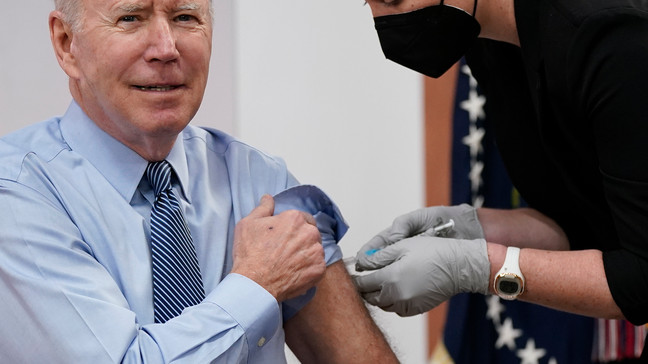 FILE - President Joe Biden receives his second COVID-19 booster shot in the South Court Auditorium on the White House campus, March 30, 2022, in Washington. (AP Photo/Patrick Semansky, File)