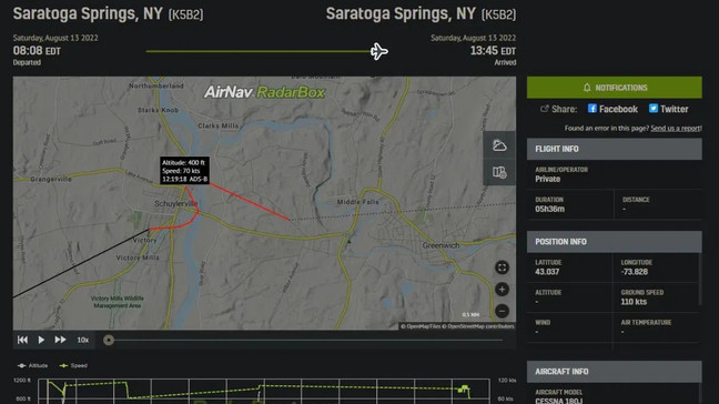 Flight records of one of Michael Arnold's alleged flight paths over the Village of Schuylerville (WRGB/Radarbox.com)