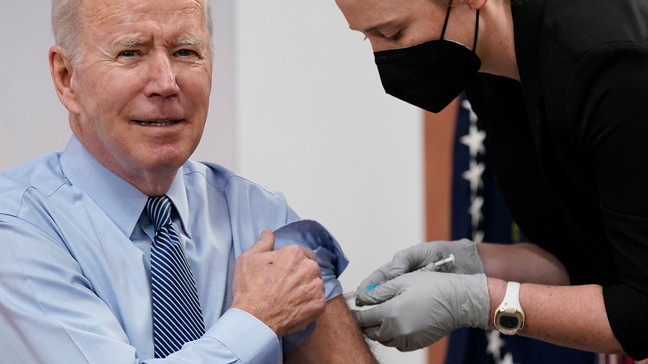 FILE - President Joe Biden receives his second COVID-19 booster shot in the South Court Auditorium on the White House campus, March 30, 2022, in Washington. (AP Photo/Patrick Semansky, File)