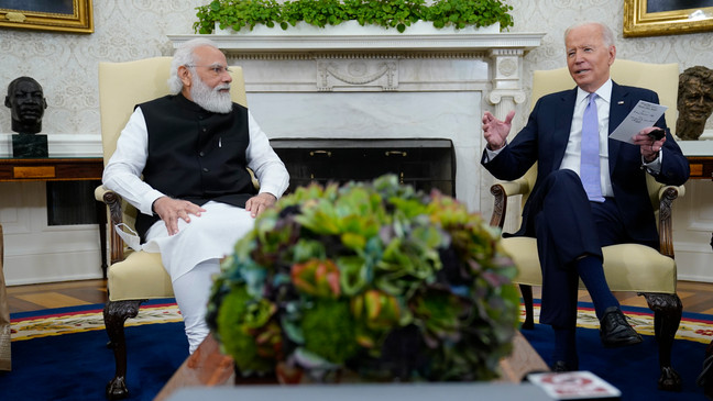 FILE - President Joe Biden meets with Indian Prime Minister Narendra Modi in the Oval Office of the White House, Sept. 24, 2021, in Washington. (AP Photo/Evan Vucci, file)