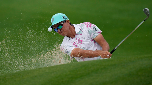 Rickie Fowler plays a shot from a bunker on the fifth hole during the second round of the Dell Technologies Match Play Championship golf tournament in Austin, Texas, Thursday, March 23, 2023. (AP Photo/Eric Gay)