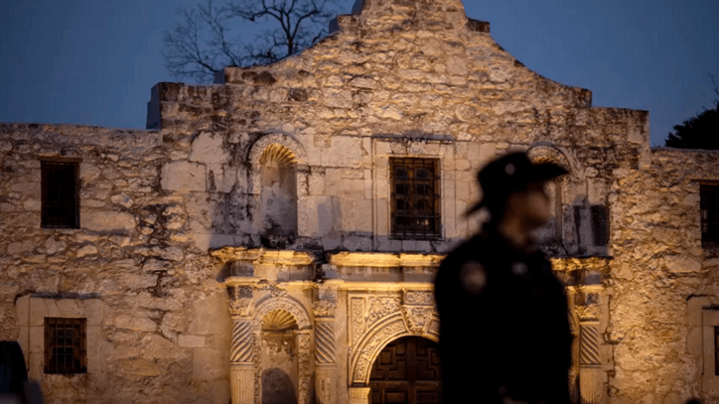 An Alamo Ranger guards the historic Texas site in 2020. Lawmakers recently allocated $400 million to the Alamo's planned redevelopment. Credit: Eddie Gaspar for The Texas Tribune
